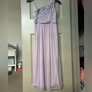 Girls lilac off the shoulder lace wedding dress